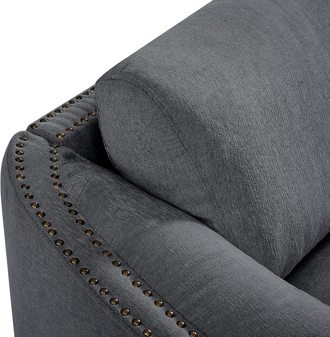 Morden Stylish 3-Seat Upholstered Couch Linen Fabric Nailhead Decor Sofa&Couch with Thicker Cushions and Armrests for Home Office Apartment Living Room, 91", Gray-337 - LeafyLoom