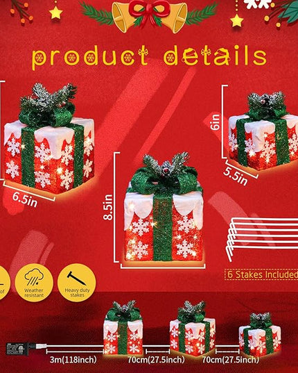 [Large 10"x8.5"x6.5" Christmas Set of 3 Lighted Gift Boxes Decorations Pre-lit 70 Super-Bright LED with Flashers,for Indoor Outdoor Christmas Tree Skirt Ornament Pathway Holiday Party Home GLOWNOVA