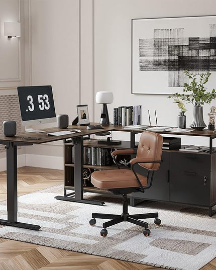 FEZIBO 66 Inch Executive L Shaped Standing Desk with 2-Drawer File Cabinet, Electric Height Adjustable Stand up Desk, Home Office Modern Wood Computer Desk with Shelves, Black Frame/Dark Walnut Top - LeafyLoom