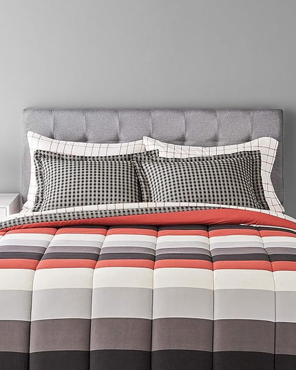 Amazon Basics Lightweight Microfiber Bed-in-a-Bag Comforter 7-Piece Bedding Set, Full/Queen, Red Simple Stripe, Plaid, Striped - LeafyLoom