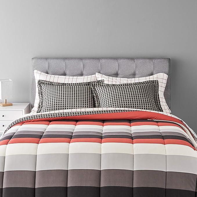 Amazon Basics Lightweight Microfiber Bed-in-a-Bag Comforter 7-Piece Bedding Set, Full/Queen, Red Simple Stripe, Plaid, Striped - LeafyLoom