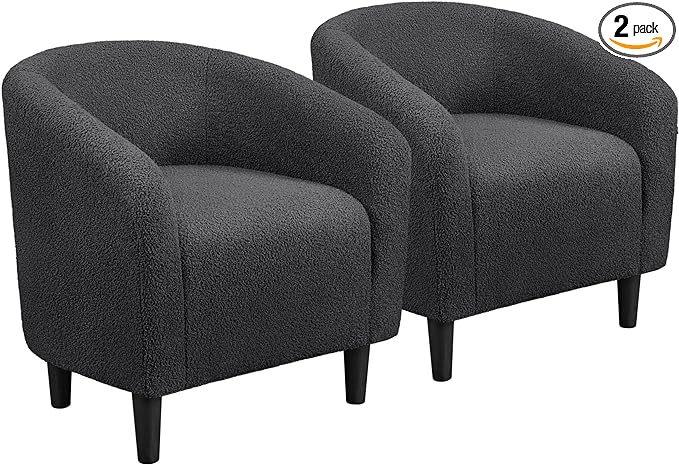 Yaheetech Accent Chairs Set of 2, Furry Living Room Chairs, Sherpa Barrel Chairs with Cozy Soft Padded, Boucle Fabric Armchais for Living Room Bedroom Reception Room Office, Dark Gray - LeafyLoom