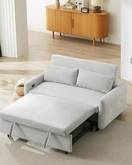 3-in-1 Corduroy Upholstered Futon Loveseat Sofa w/Pull Out Bed and USB Ports, 57.48" Pullout Couch Chaise Lounge with Adjustable Backrest and Throw Pillows for Living Room Small Space - LeafyLoom