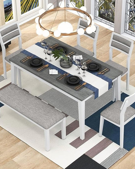 Classic and Traditional Style 6-Piece Dining Set, includes 1 Solid Wood Table, 4 Upholstered Chairs & Bench, for Diningroom, Living Room, Kitchen, Home Bar, Gray+White - LeafyLoom