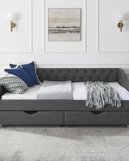 Full Size Daybed with Two Storage Drawers, Linen Upholstered Tufted Sofa Bed w/Button on Back and Copper Nail on Waved Shape Arms, for Bedroom Living Room, No Box Spring Needed, Dark Grey - LeafyLoom