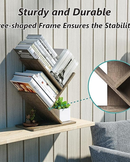 3 Tier Small Tree Bookshelf Storage Organizer Shelves Floor Standing Bookcase Desk Wood Storage Rack for Home Office Living Room Bedroom Display for Book Magazine CD manga Oak Grey - LeafyLoom