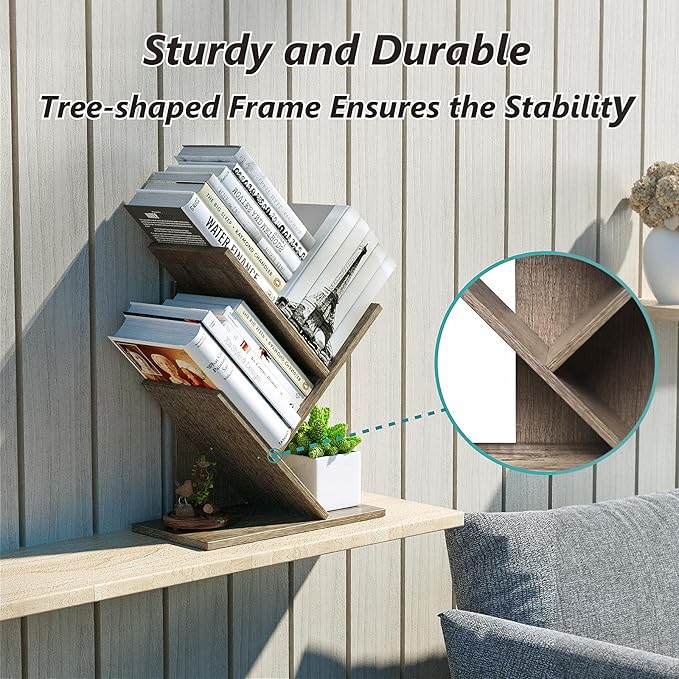 3 Tier Small Tree Bookshelf Storage Organizer Shelves Floor Standing Bookcase Desk Wood Storage Rack for Home Office Living Room Bedroom Display for Book Magazine CD manga Oak Grey - LeafyLoom