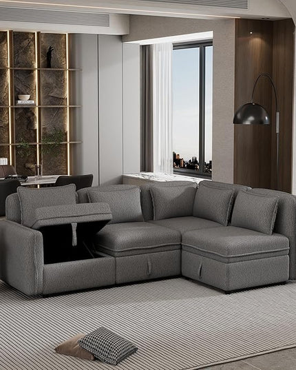 123" Modular Sectional Sofa, Convertible Minimalist 4-seat Couch with 5 Pillows for Living Room,Apartment, Free Combination, 122.8inch, Gray - LeafyLoom