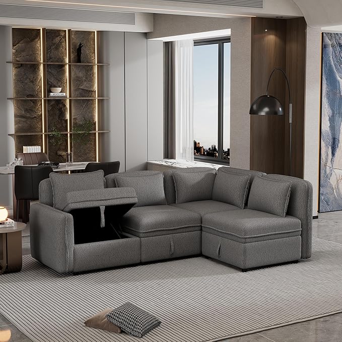 123" Modular Sectional Sofa, Convertible Minimalist 4-seat Couch with 5 Pillows for Living Room,Apartment, Free Combination, 122.8inch, Gray - LeafyLoom