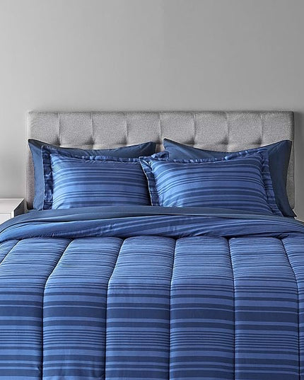 Amazon Basics Lightweight Microfiber Bed-in-a-Bag Comforter 7-Piece Bedding Set, Full/Queen, Blue Calvin Striped - LeafyLoom