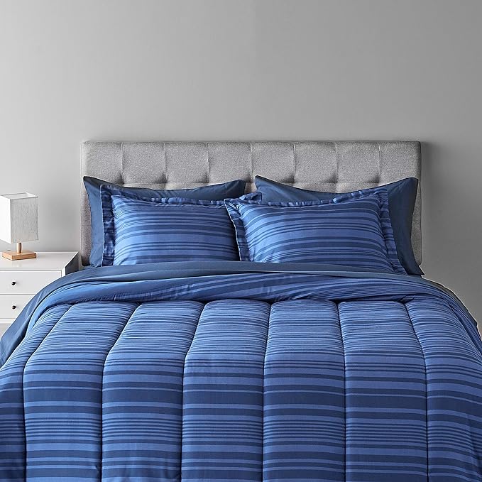 Amazon Basics Lightweight Microfiber Bed-in-a-Bag Comforter 7-Piece Bedding Set, Full/Queen, Blue Calvin Striped - LeafyLoom