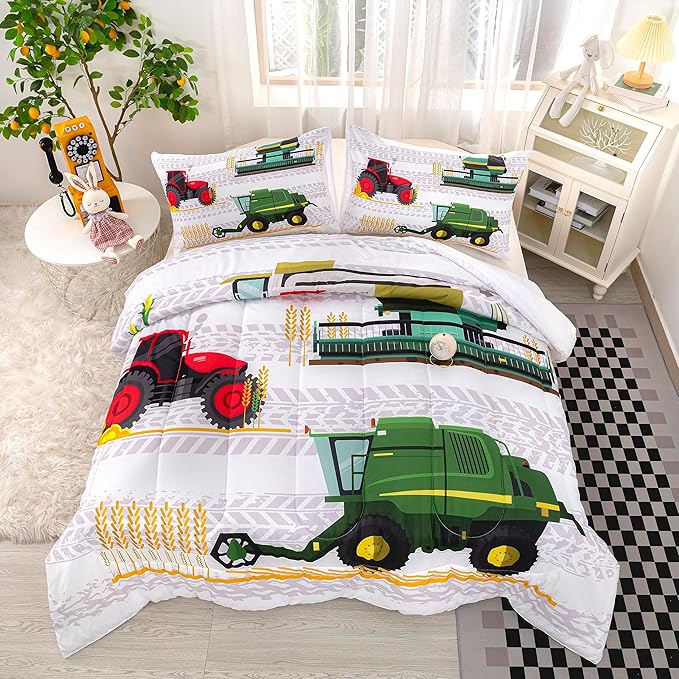 CVHOUSE Tractor Bedding Sets for Boys,Excavators Comforter King,Boys Cartoon Truck Comforter Set,Trucks Tractors Cars Quilt Set with 1 Comforter and 2 Pillow Cases- 3 Piece - LeafyLoom