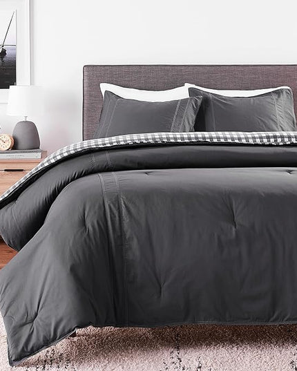 Eddie Bauer - Queen Comforter Set, Reversible Cotton Bedding with Matching Shams, Pre-Washed for Added Softness (Kingston Charcoal, Queen) - LeafyLoom