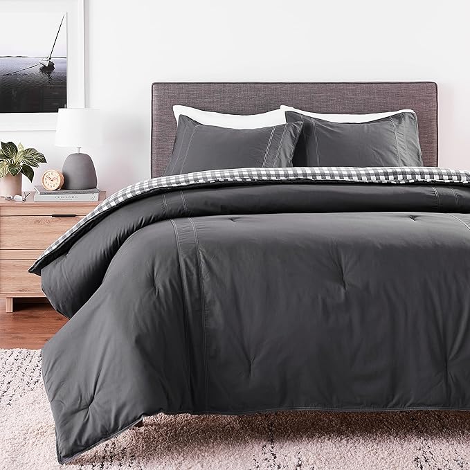 Eddie Bauer - Queen Comforter Set, Reversible Cotton Bedding with Matching Shams, Pre-Washed for Added Softness (Kingston Charcoal, Queen) - LeafyLoom