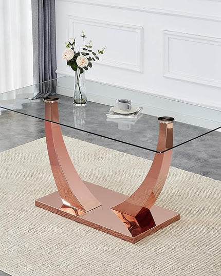 NicBex 63Inch Rectangular Dining Table,Modern Kitchen Table with Tempered Glass Tabletop and Rose Gold Metal Legs for 6 to 8,Large Dining Room Table for Kitchen,Meeting Living Room,Rose Gold - LeafyLoom