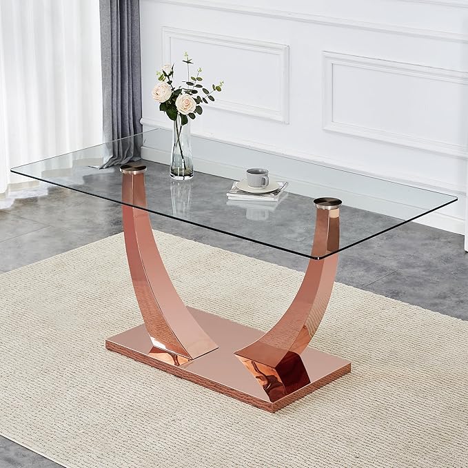 NicBex 63Inch Rectangular Dining Table,Modern Kitchen Table with Tempered Glass Tabletop and Rose Gold Metal Legs for 6 to 8,Large Dining Room Table for Kitchen,Meeting Living Room,Rose Gold - LeafyLoom
