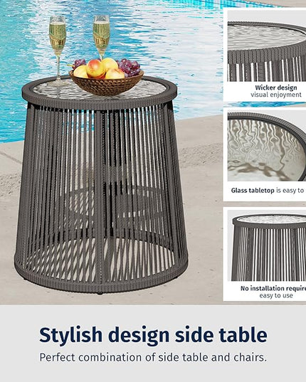 EAST OAK 3-Piece Patio Bistro Set, Patio Conversation Bistro Set with 2 Wide Ergonomic Chairs, Cushions & Glass Top Side Table, Outdoor All-Weather Wicker Furniture for Porch, Gray & Dark Gray - LeafyLoom