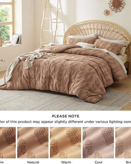 Bedsure Twin/Twin XL Size Comforter Set Taupe, Boho Tufted Bedding Comforter Set, Farmhouse Jacquard Cable Knit Pattern Bed Set, 2 Pieces, 1 Shabby Chic Fluffy Comforter & 1 Pillow Sham - LeafyLoom