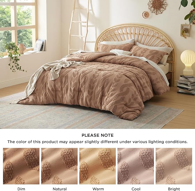 Bedsure Twin/Twin XL Size Comforter Set Taupe, Boho Tufted Bedding Comforter Set, Farmhouse Jacquard Cable Knit Pattern Bed Set, 2 Pieces, 1 Shabby Chic Fluffy Comforter & 1 Pillow Sham - LeafyLoom