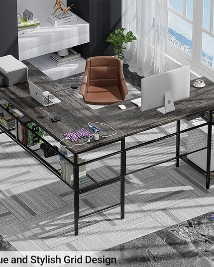 Reversible L Shaped Gaming Desk, Large Corner Computer Desk with Power Outlets and USB Ports, Sturdy Home Office Table with Storage Shelf, Attractive Grid Design Writing Desk, Black Oak - LeafyLoom