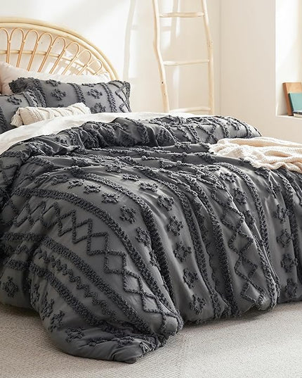 Bedsure Tufted Boho Comforter Set Queen - Dark Grey Boho Bedding Comforter Set, 3 Pieces Farmhouse Shabby Chic Embroidery Bed Set, Soft Jacquard Comforter for Women Men Girls - LeafyLoom