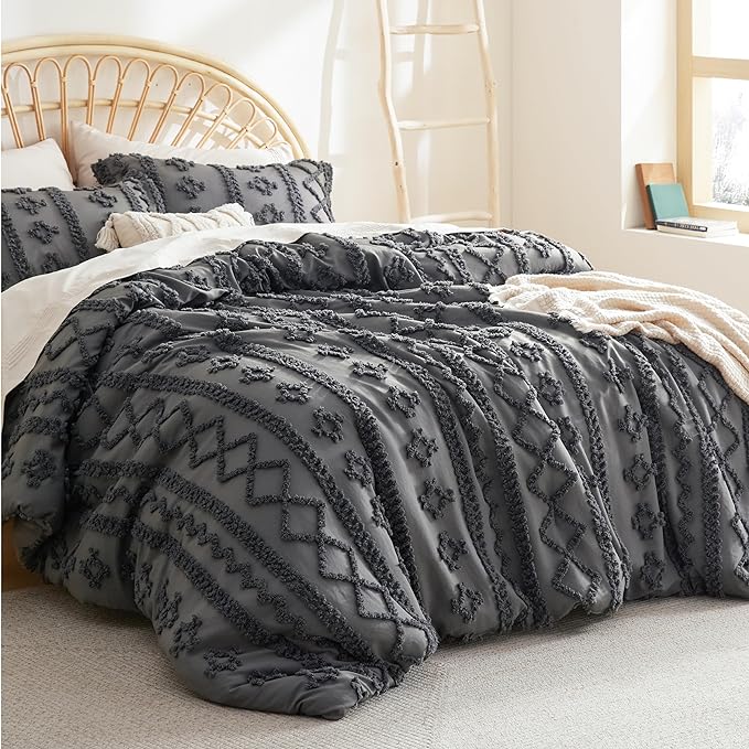 Bedsure Tufted Boho Comforter Set Queen - Dark Grey Boho Bedding Comforter Set, 3 Pieces Farmhouse Shabby Chic Embroidery Bed Set, Soft Jacquard Comforter for Women Men Girls - LeafyLoom