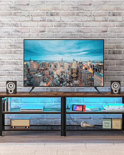 Clikuutory Modern Brown 63 inch Metal TV Stand with LED Lights and Power Outlets for 40 50 55 60 65 70 Inch TVs, 3 Tier Television Stands with Entertainment Center and Storage for Living Room, Bedroom - LeafyLoom