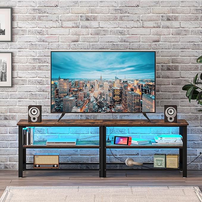 Clikuutory Modern Brown 63 inch Metal TV Stand with LED Lights and Power Outlets for 40 50 55 60 65 70 Inch TVs, 3 Tier Television Stands with Entertainment Center and Storage for Living Room, Bedroom - LeafyLoom