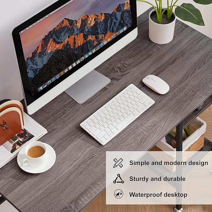 VECELO 43 Inch Computer Desk Writing Study Work Office Table Modern desk with shelves wooden desk for Home Bedroom,Brown Desk - LeafyLoom