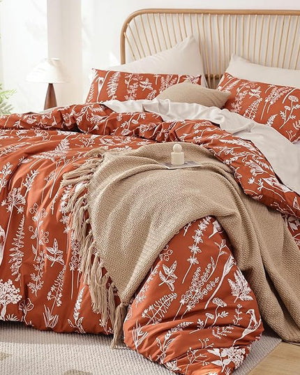 JANZAA 3PCS King Comforter Terracotta Comforter Set Floral Comforter Set White Flower Printed Bedding Set with 2 Pillow Cases for All Season Using - LeafyLoom