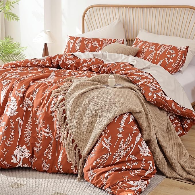 JANZAA 3PCS King Comforter Terracotta Comforter Set Floral Comforter Set White Flower Printed Bedding Set with 2 Pillow Cases for All Season Using - LeafyLoom