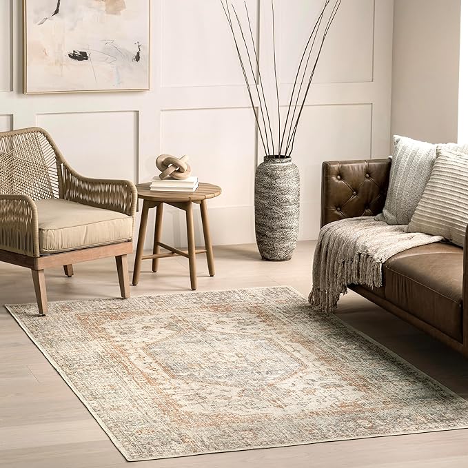 nuLOOM 5x8 Machine Washable Rain Haven Vintage Medallion Area Rug, Light Grey, Traditional Faded Design, Non-Slip Backing, Stain Resistant, For Bedroom, Dining Room, Living Room, Kitchen - LeafyLoom
