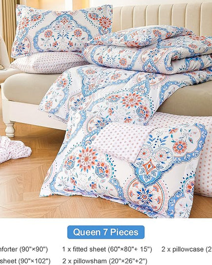 Printed Queen Bedding Sets with Comforter and Sheets, Lightweight Boho Floral 7 Piece Bed in A Bag Comforter Set for Women, Pink and Blue Mandala Flower Pattern - LeafyLoom