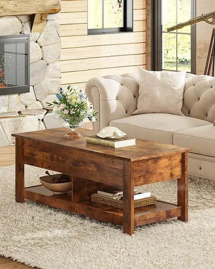 WLIVE Coffee Table, 47" Lift Top Coffee Table with Hidden Compartment and 2 Storage Shelves for Living Room, Rustic Brown - LeafyLoom