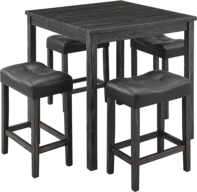 RITSU 5 Piece Industrial Bistro Dining Set, Square Breakfast Table + 4 Upholstered Stools, for Living, Small Apartment, Kitchen, Farmhouse, Game Room, Black - LeafyLoom