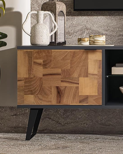 Atelier Mobili Mid Century Modern Door Glass Shelf TV Stand with Storage for TVs up 80 to Inches, Media Console for Living Room, Entertainment Center or Farmhouse TV Stand (Wood Patchwork) - LeafyLoom
