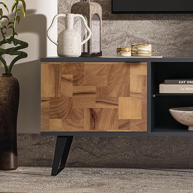 Atelier Mobili Mid Century Modern Door Glass Shelf TV Stand with Storage for TVs up 80 to Inches, Media Console for Living Room, Entertainment Center or Farmhouse TV Stand (Wood Patchwork) - LeafyLoom