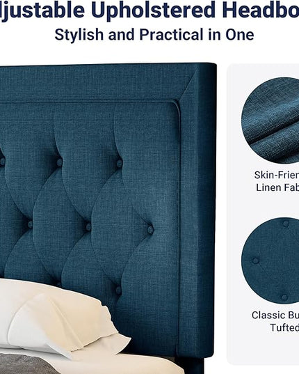 Allewie Queen Size Bed Frame Upholstered Platform Bed with Adjustable Headboard, Button Tufted, Wood Slat Support, Easy Assembly, Blue - LeafyLoom
