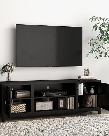 Panana Modern Farmhouse TV Stand, Entertainment Center for 70 inch TV with 2 Doors and Open Shelves for Living Room, Bedroom (Black, 65 inch) - LeafyLoom