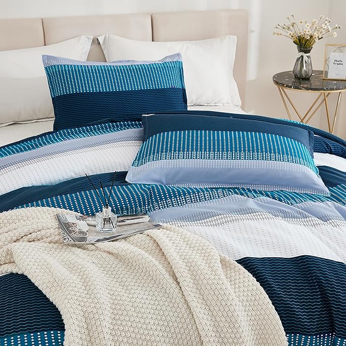 Litanika Navy Blue Comforter Twin/Twin XL Size Set, 2 Pieces Boys Men Bedding Set, Single Blue White Colorblock Striped Bed Set (66x90In Comforter & 1 Pillowcase) - LeafyLoom
