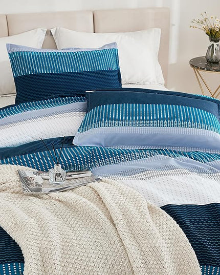Litanika Navy Blue California King Comforter Set - 3 Pieces Cal King Oversized Lightweight Summer Colorblock Stripe Bedding Set (104x96In, 2 Pillowcases) - LeafyLoom