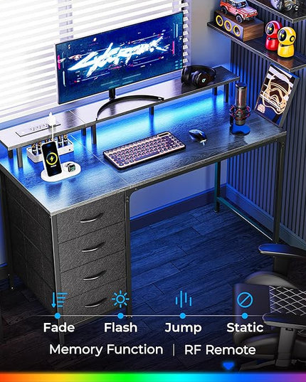 47 Inch Computer Desk with Power Outlets and LED Lights, Gaming Desk with 4 Drawers, Office Desk with Monitor Stand, Study Desk Work Desk for Home Office, Small Spaces, Gray - LeafyLoom