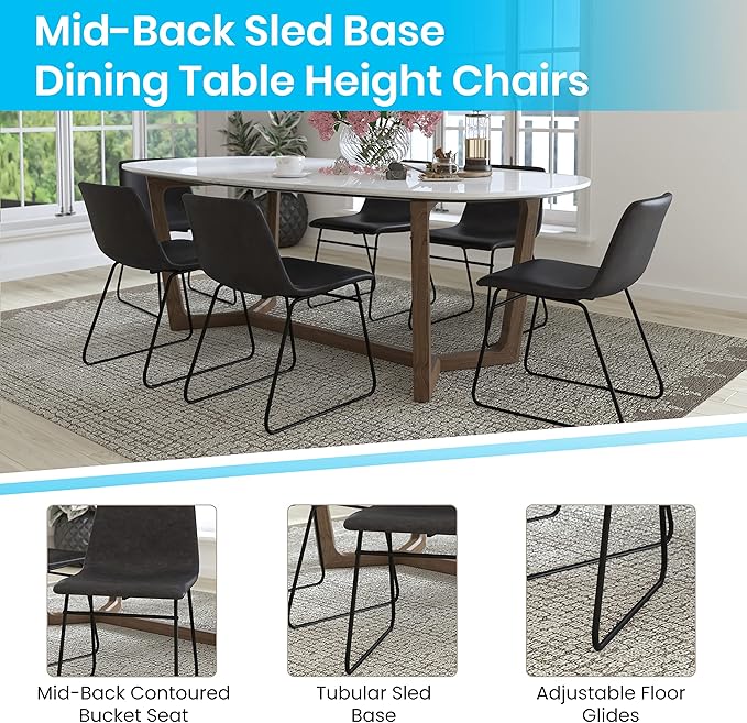 Flash Furniture Butler 18 Inch Commercial Grade LeatherSoft Dining Table Height Chair, Mid-Back Black Sled Base with Dark Gray LeatherSoft Upholstery, Set of 2 - LeafyLoom