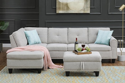 L Shape Modular Sectional Sofa with Cup Holders and Storage Ottoman,5-Seater Tufting Upholstered Corner Couch for Living Room,Apartment,Home Furniture Sets,Light Gray Left Chaise,98 Inch - LeafyLoom