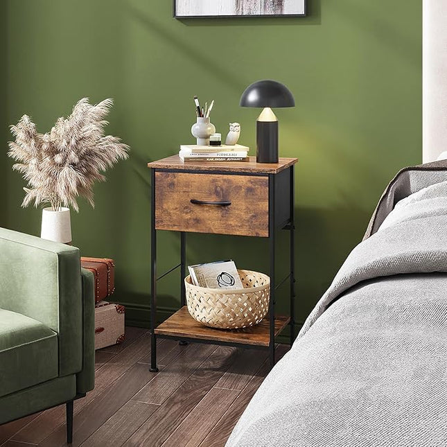 WLIVE Nightstand Set of 2, End Table with Fabric Storage Drawer and Open Wood Shelf, Bedside Furniture with Steel Frame, Side Table for Bedroom, Dorm, Rustic Brown Wood Grain Print, 24.9" Height - LeafyLoom