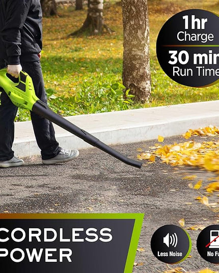 Mueller UltraStorm Cordless Leaf Blower, 140 MPH 20 V Powerful Motor, Electric Leaf Blower for Lawn Care, Battery Powered Leaf Blower for Snow Blowing High Capacity Battery & Charger Green - LeafyLoom