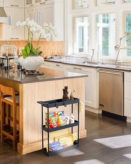 Simple Houseware 3-Tier Slim/Super Narrow Kitchen Cart with Handle, hooks and storage with shelves, Black - LeafyLoom