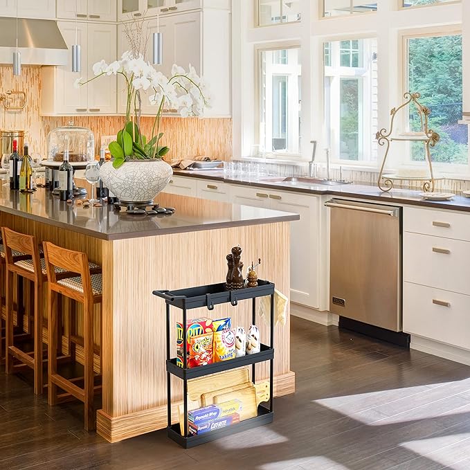 Simple Houseware 3-Tier Slim/Super Narrow Kitchen Cart with Handle, hooks and storage with shelves, Black - LeafyLoom
