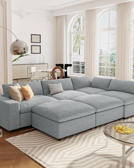 152" Oversized Modular U-Shape, Filled Upholstered Sectional Set with 2 Large Removable Ottomans Customizable Sleeper Chaise Lounge,Sofas & Couches(6-Seater), Light Gray - LeafyLoom