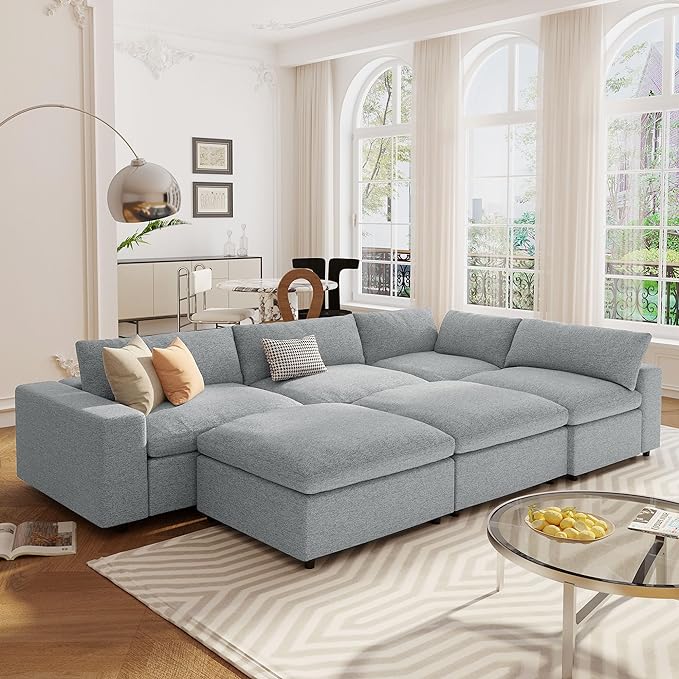 152" Oversized Modular U-Shape, Filled Upholstered Sectional Set with 2 Large Removable Ottomans Customizable Sleeper Chaise Lounge,Sofas & Couches(6-Seater), Light Gray - LeafyLoom